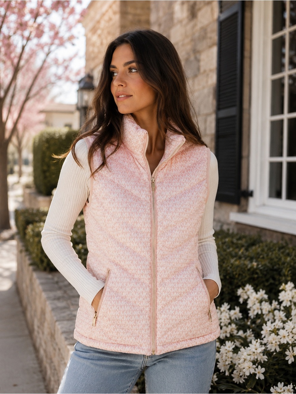 Michael Kors Pink Down Puffer S Vest Quiet Luxury Preppy Coastal Chic MK Spring - Picture 2 of 16